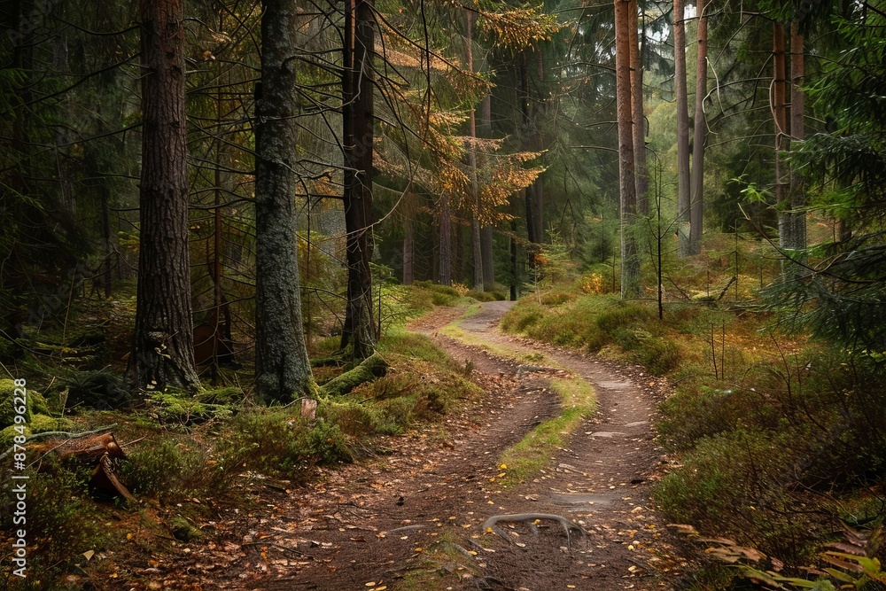 A serene forest path bathed in sunlight, surrounded by tall trees and lush green foliage. A serene forest path bathed in sunlight, surrounded by tall trees and lush green foliage.