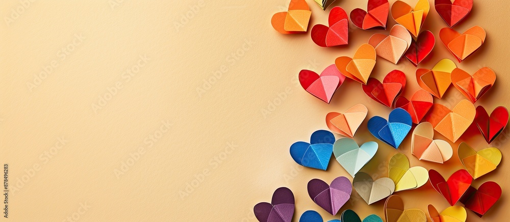 Celebrate Valentine's Day with colorful paper hearts matching the LGBT flag on a beige background, creating a festive copy space image. Celebrate Valentine's Day with colorful paper hearts matching the LGBT flag on a beige background, creating a festive copy space image.
