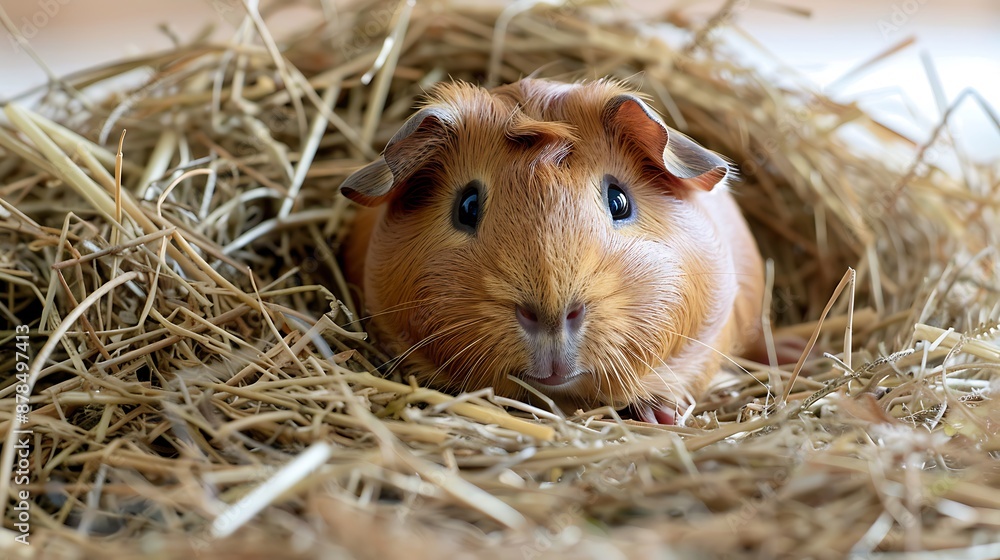 Adorable guinea pig relaxing in a soft bed of hay Adorable guinea pig relaxing in a soft bed of hay