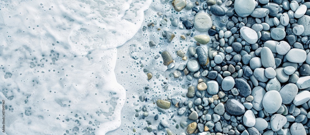 Aerial view of sea pebbles with white copy space image surrounding it. Aerial view of sea pebbles with white copy space image surrounding it.