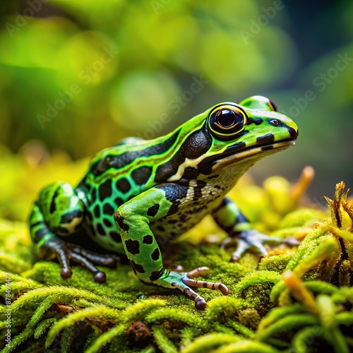 Vibrant Green and Black Spotted Frog on Lush Moss, Spotted, Green, Lush, Frog © Woonsen