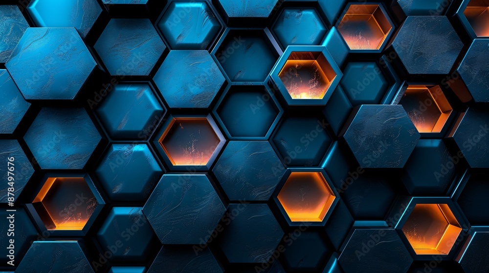 Abstract 2D illustration of a 3D black hexagon background accented by a vivid blue fire burst perfect for a dark themed HD wallpaper Abstract 2D illustration of a 3D black hexagon background accented by a vivid blue fire burst perfect for a dark themed HD wallpaper