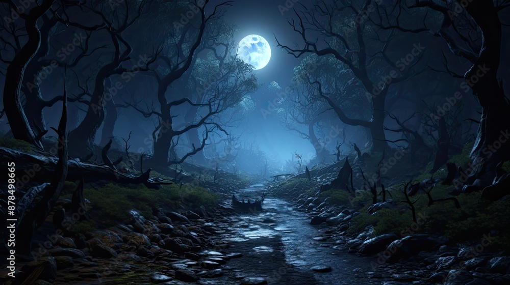 Mysterious Moonlit Forest Path. Mysterious Moonlit Forest Path.