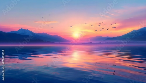 Beautiful Sunrise over Lake, Anime Style with Birds and Mountains 