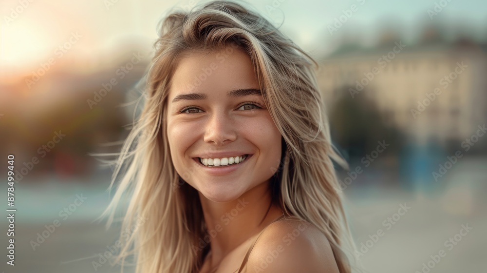 Blonde Woman Smiling: Dental Ad Portrait - Beautiful Lady in City Nature Background Blonde Woman Smiling: Dental Ad Portrait - Beautiful Lady in City Nature Background