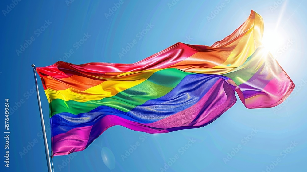 Fototapeta premium Rainbow Flag Banner: Billowing in the Wind - Clear Blue Sky Background