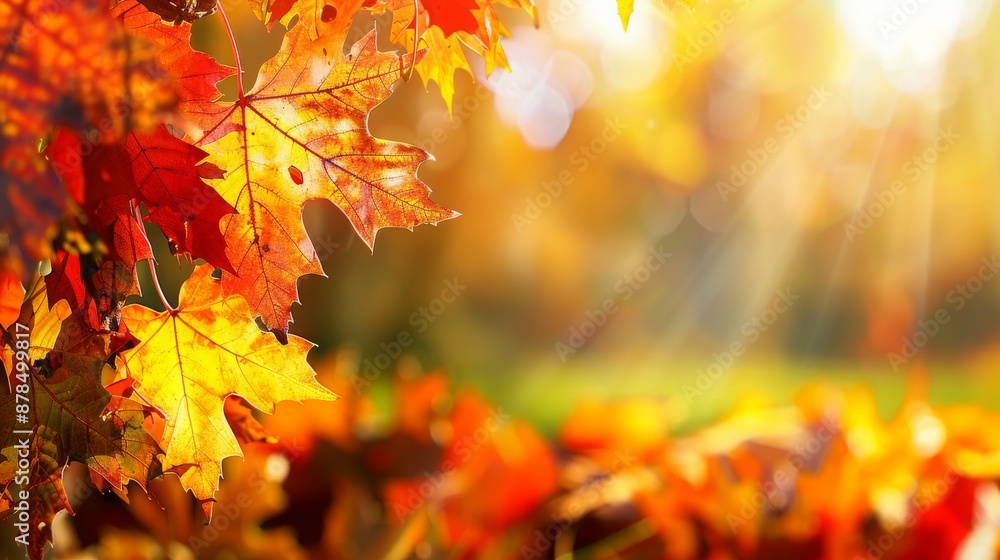 Colorful Maple Tree Branch: Autumn Nature Background Banner - Sunshine Over Meadow with Fall Leaves and Copy Space Colorful Maple Tree Branch: Autumn Nature Background Banner - Sunshine Over Meadow with Fall Leaves and Copy Space