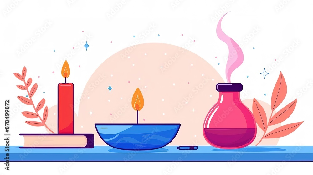 Magical objects on a table, including candles, a potion bottle, and a book. Magical objects on a table, including candles, a potion bottle, and a book.