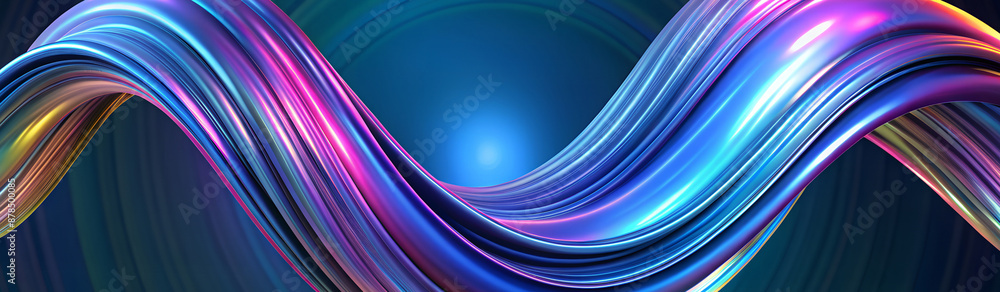 Banner, advertisement. Abstract fluid 3d render holographic iridescent neon curved wave in motion dark background. Gradient design element.