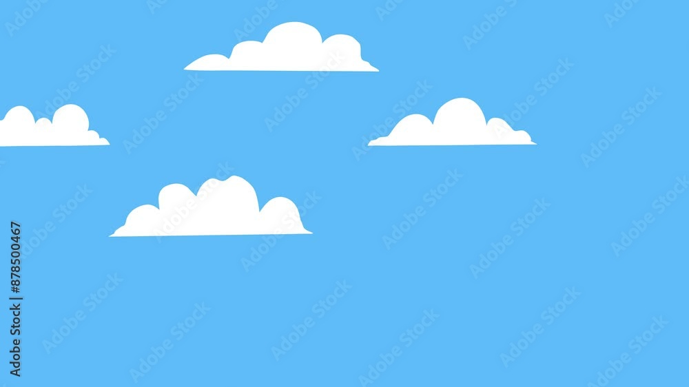 Video animation of flying clouds on blue sky. Cartoon flat style Video animation of flying clouds on blue sky. Cartoon flat style