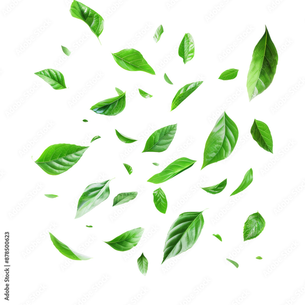Whirling Green Floating Leaves: Organic Natural Ingredients Concept Isolated on transparent Background, PNG File
