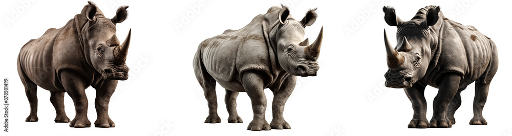 Fototapeta premium Group of rhinos with big horns, isolated on transparent background