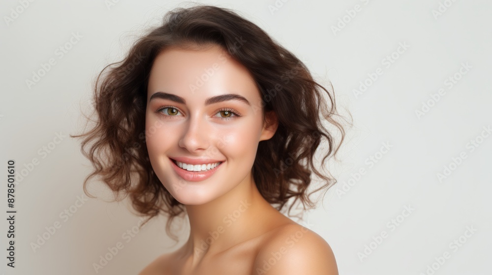 Beautiful woman with curly hair smiling at the camera in a happy mood Beautiful woman with curly hair smiling at the camera in a happy mood