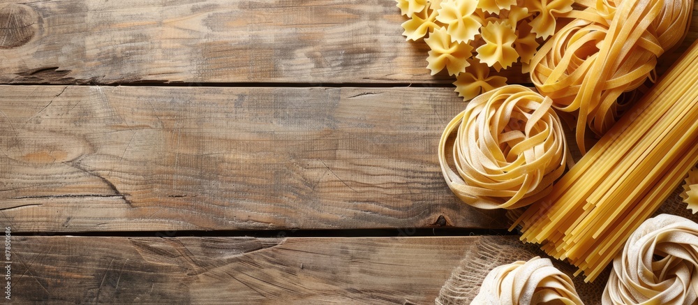 Varieties of raw pasta displayed on a wooden table with ample space for text or images. Varieties of raw pasta displayed on a wooden table with ample space for text or images.