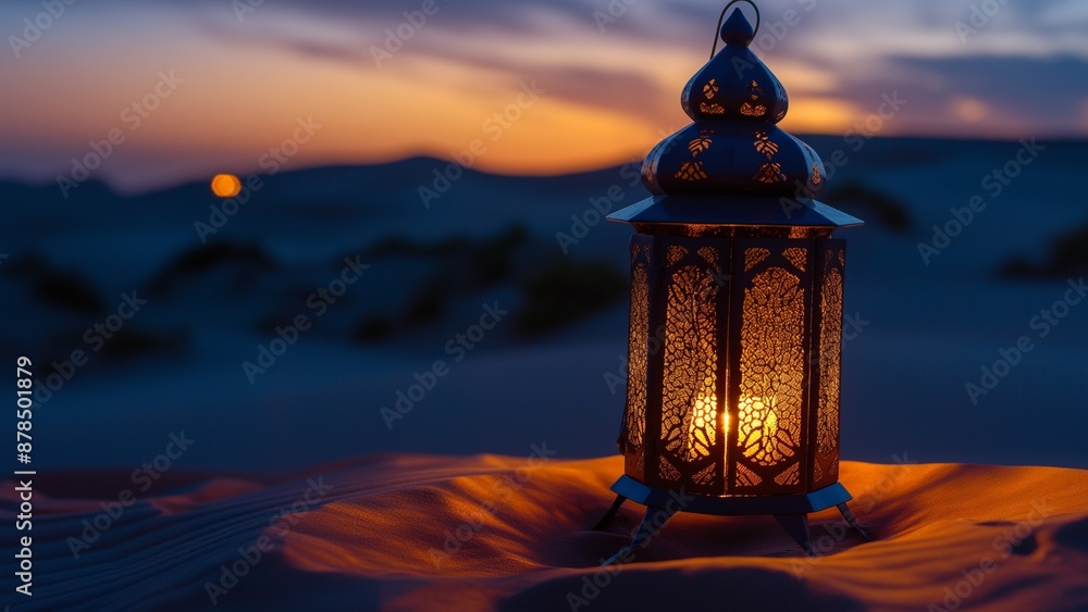Lantern with burning candles stand on the sand in the desert at sunset Lantern with burning candles stand on the sand in the desert at sunset