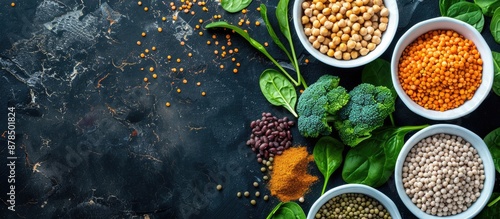 Various legumes like chickpeas, lentils, and mung beans are displayed in white bowls among spinach leaves, broccoli, and spices on a dark backdrop. Menu background with copy space image in top view.
