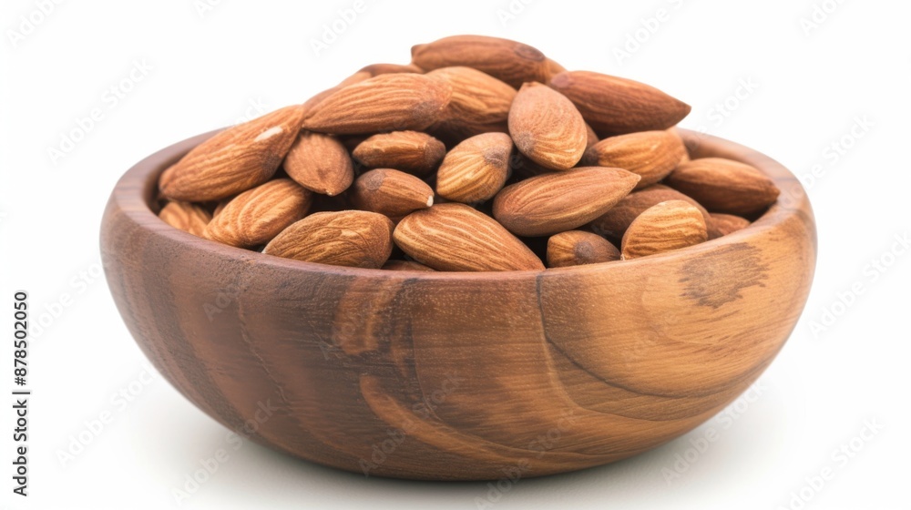 Almonds in a wooden bowl on a white background Almonds in a wooden bowl on a white background