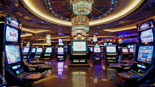 Colorful slot machines in empty casino at night