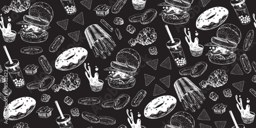Seamless pattern with fast food. Drawn on chalkboard sketch style french fries, sauce, chicken nuggets, burger, donut, onion rings, bubble tea, chips. Hand drawn collection of street food