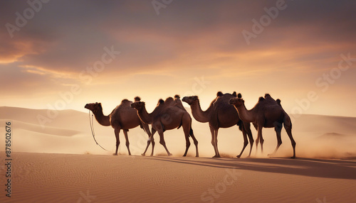 side view of camels moving side by side in the desert 