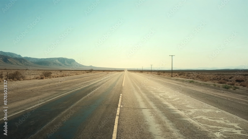 Desert road stretching into the horizon under a clear sky at dusk Desert road stretching into the horizon under a clear sky at dusk