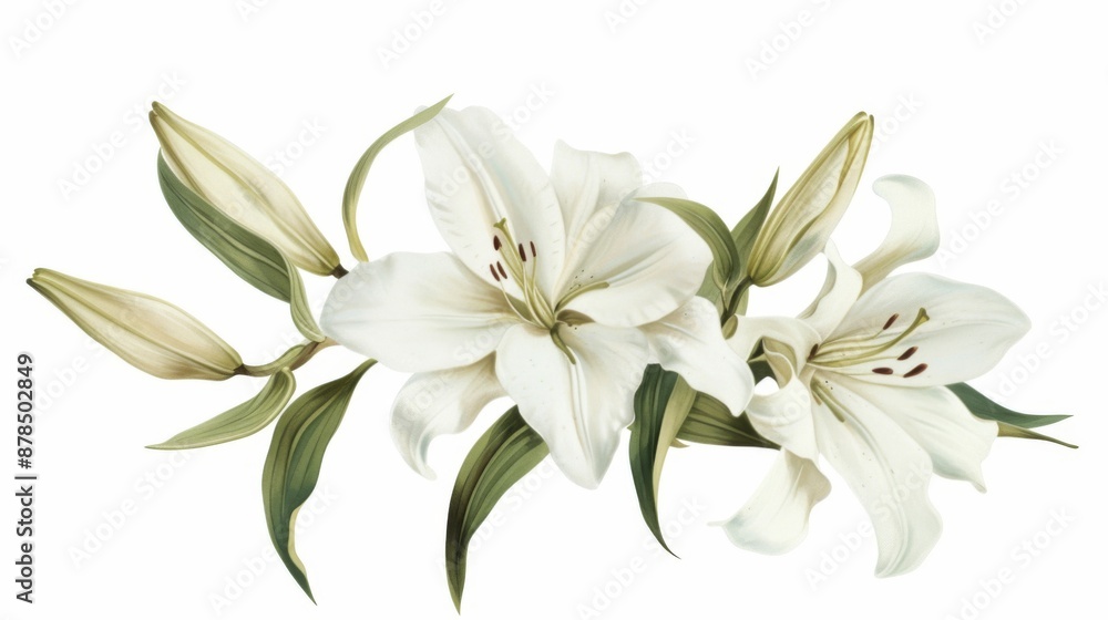 Branch of white lilies isolated on a white background Branch of white lilies isolated on a white background