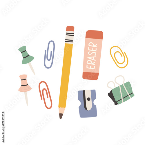 Cute stationery flat set. School supplies pencil, sharpener, eraser, pin, paper clip. Back to school.