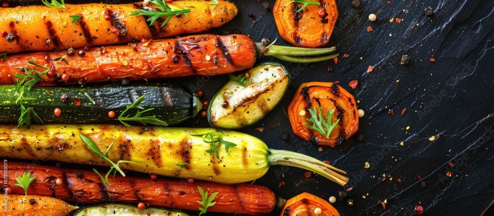 Oven-baked carrots and zucchini seasoned with spices create a flavorful dish with a striking presentation in a copy space image. Oven-baked carrots and zucchini seasoned with spices create a flavorful dish with a striking presentation in a copy space image.