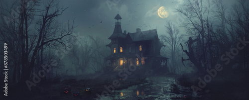 Fototapeta kuchenna A creepy, foggy night with a haunted house in the woods
