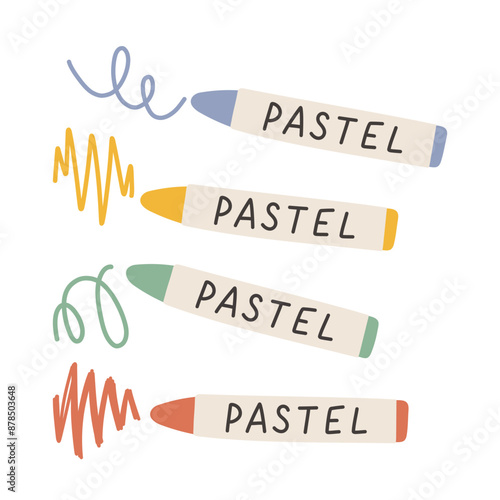 Simple oil pastel or wax pastel crayons set. Color pencils isolated on white. Kindergarten, preschool and kids concept. 