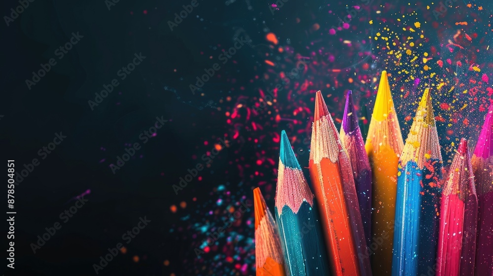 Vibrant pencils against dark backdrop with empty space