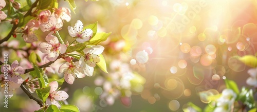 Spring fruit trees in bloom with a banner providing ample copy space image.