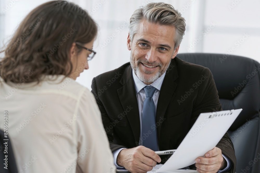 A man boss innervates a new employee woman to the company in office, the boss man is smiling and holding a contract of work, interview for position A man boss innervates a new employee woman to the company in office, the boss man is smiling and holding a contract of work, interview for position