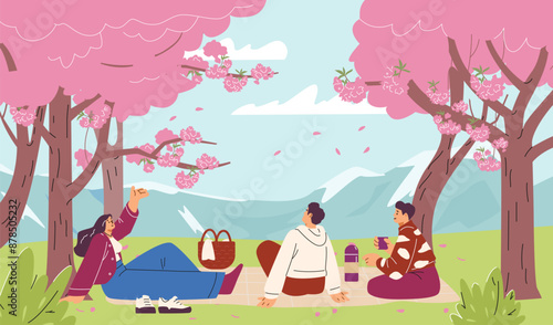Vector illustration of people enjoying a picnic under the cherry trees.