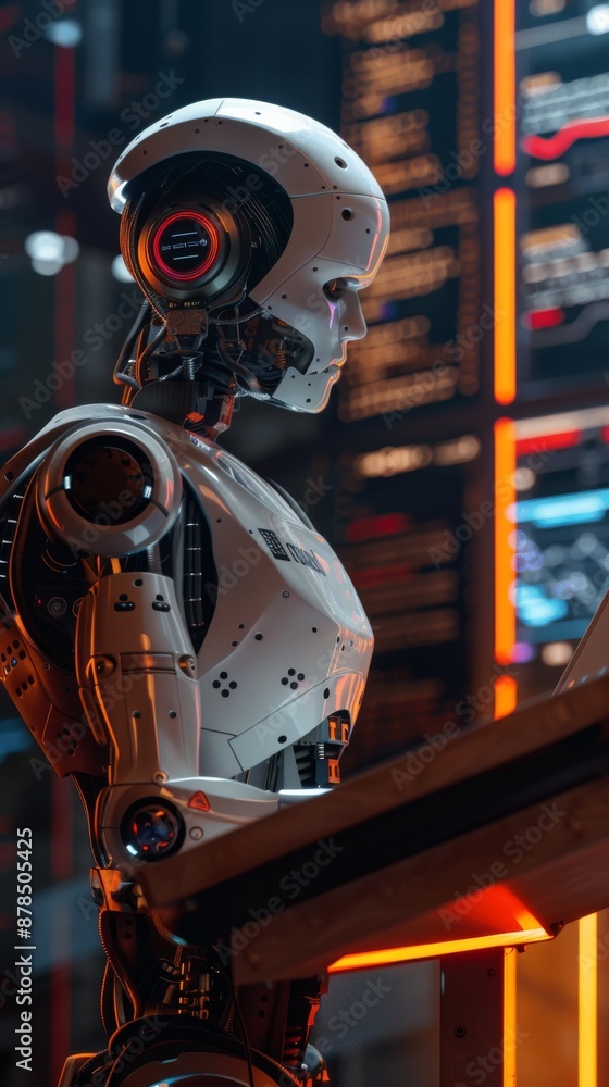 Fototapeta premium Android is using a computer in a futuristic environment with data displayed on screens. The robot is wearing a helmet and has a human-like appearance