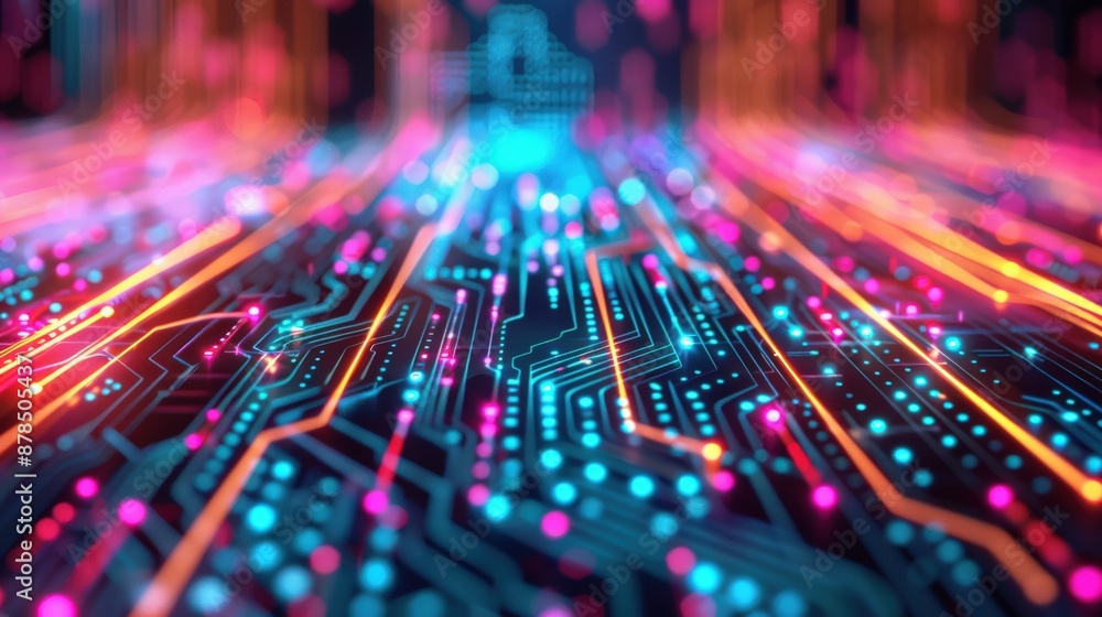 Abstract digital circuit board with glowing blue and orange lights, representing technology, data transfer, and high-speed innovation. Abstract digital circuit board with glowing blue and orange lights, representing technology, data transfer, and high-speed innovation.