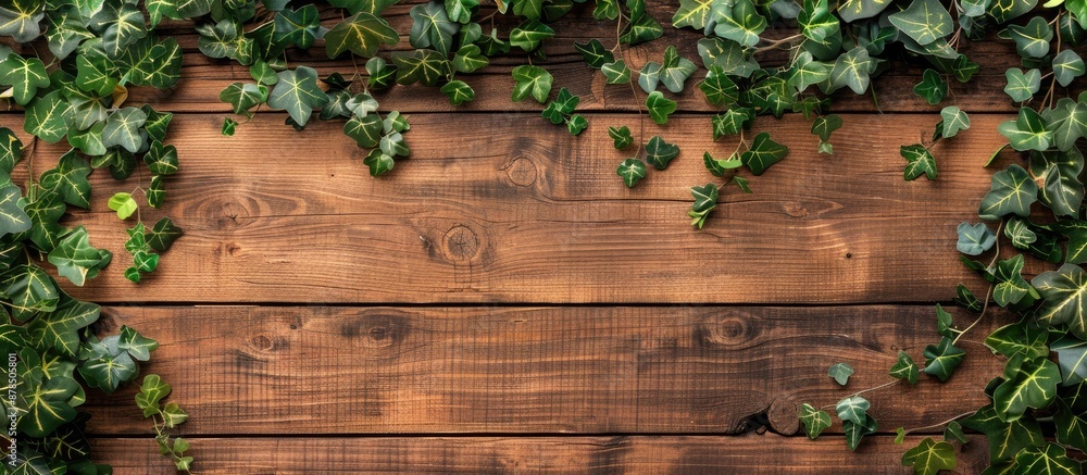 Rustic wooden backdrop adorned with foliage, ideal for displaying a copy space image. Rustic wooden backdrop adorned with foliage, ideal for displaying a copy space image.