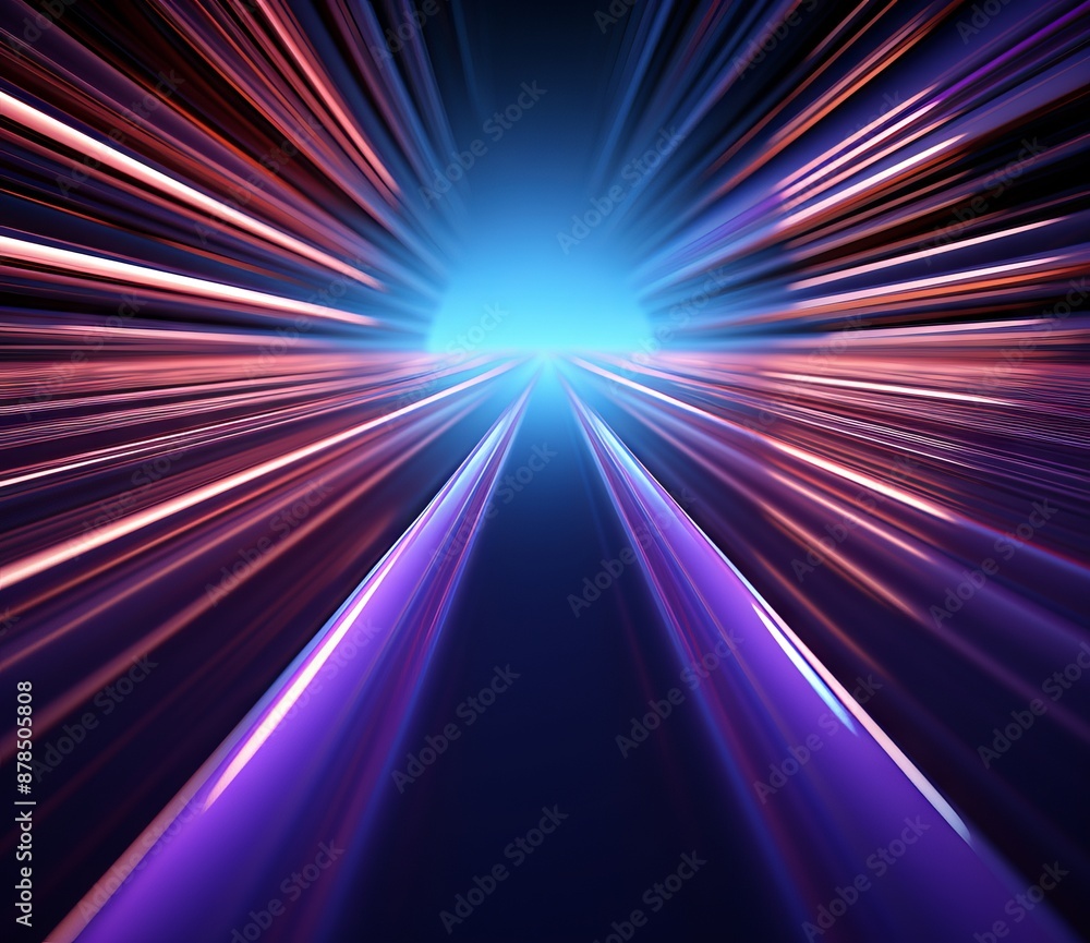 A futuristic tunnel with vibrant neon lights and glowing purple pipes against a dark blue background. A futuristic tunnel with vibrant neon lights and glowing purple pipes against a dark blue background.