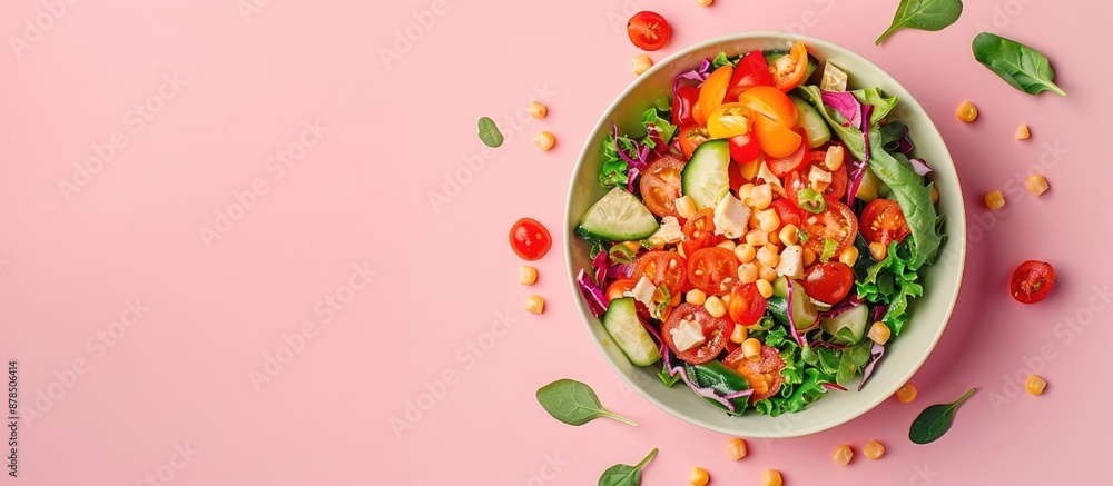 Healthy vegan food - a fresh vegetable salad in a biodegradable bowl on a pink background, with copy space image. Healthy vegan food - a fresh vegetable salad in a biodegradable bowl on a pink background, with copy space image.