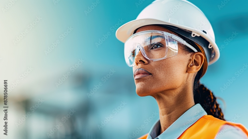Confident female engineer wearing safety gear and helmet at a construction site, representing diversity and women in STEM fields. Confident female engineer wearing safety gear and helmet at a construction site, representing diversity and women in STEM fields.