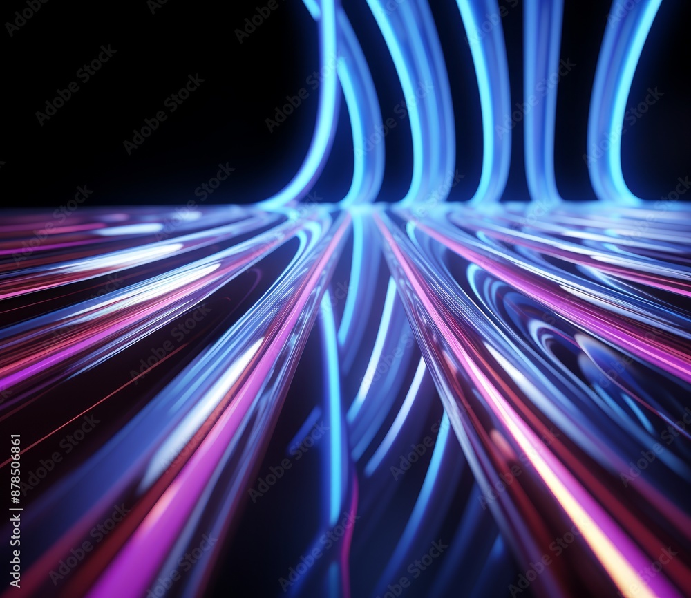 A futuristic tunnel with vibrant neon lights and glowing purple pipes against a dark blue background. A futuristic tunnel with vibrant neon lights and glowing purple pipes against a dark blue background.