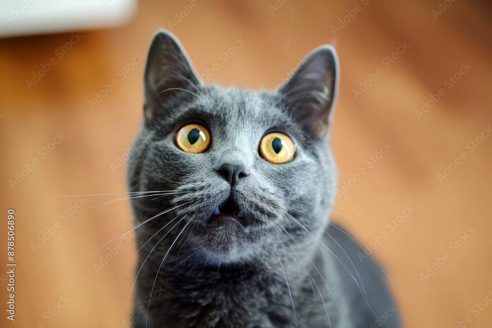 Cute grey cat looking surprised close up image. Cute grey cat looking surprised close up image.