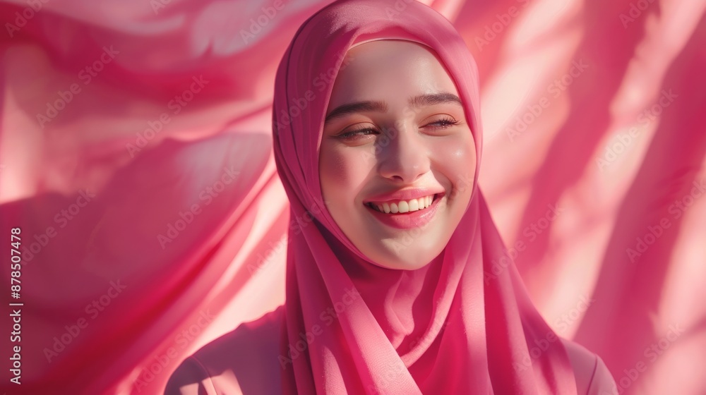 A Muslim woman in a pink hijab smiles brightly against a backdrop of pink fabric A Muslim woman in a pink hijab smiles brightly against a backdrop of pink fabric