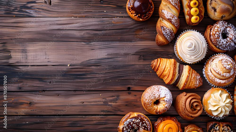 Assorted delicious pastries and baked goods on rustic wooden table Assorted delicious pastries and baked goods on rustic wooden table