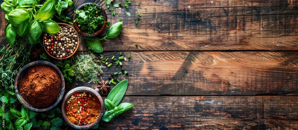 Various spices, herbs, and greens arranged on a wooden background with a mortar, offering a top-down view with copy space in the image. Various spices, herbs, and greens arranged on a wooden background with a mortar, offering a top-down view with copy space in the image.