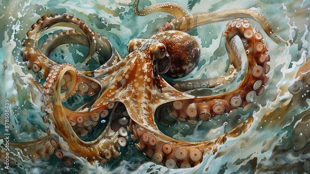 Obraz premium Giant pacific octopus gracefully swimming in colorful ocean waters, showcasing the energy and freedom of sea life