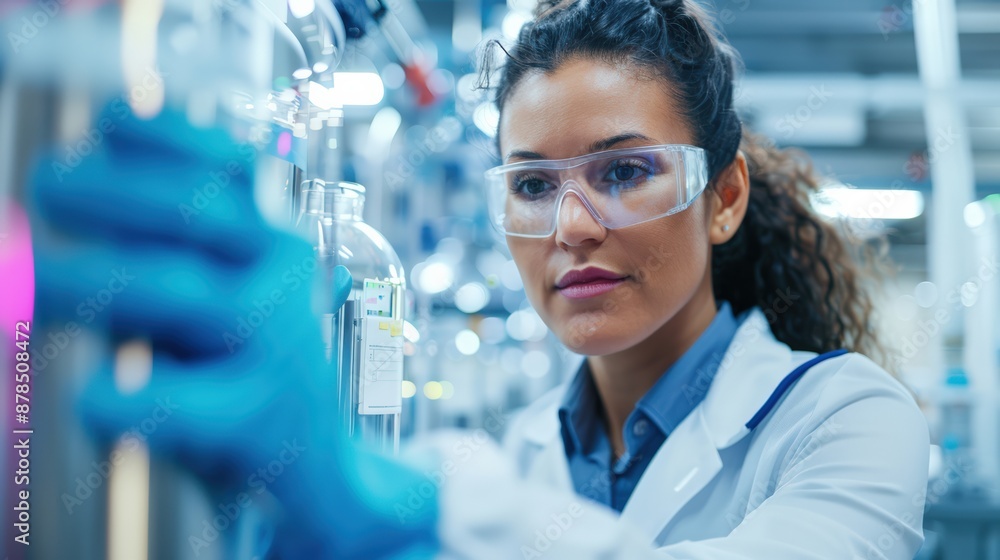 Female scientist in protective eyewear and gloves working in a laboratory, focusing on research and experimentation. Female scientist in protective eyewear and gloves working in a laboratory, focusing on research and experimentation.
