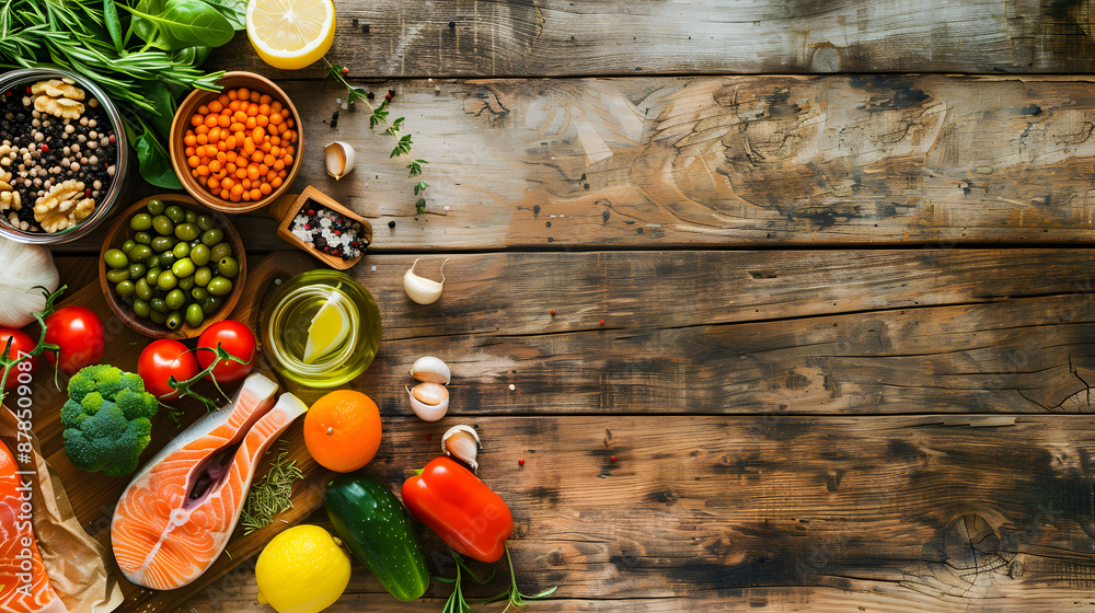 Assortment of healthy food dishes. Top view. Free space for your text Assortment of healthy food dishes. Top view. Free space for your text