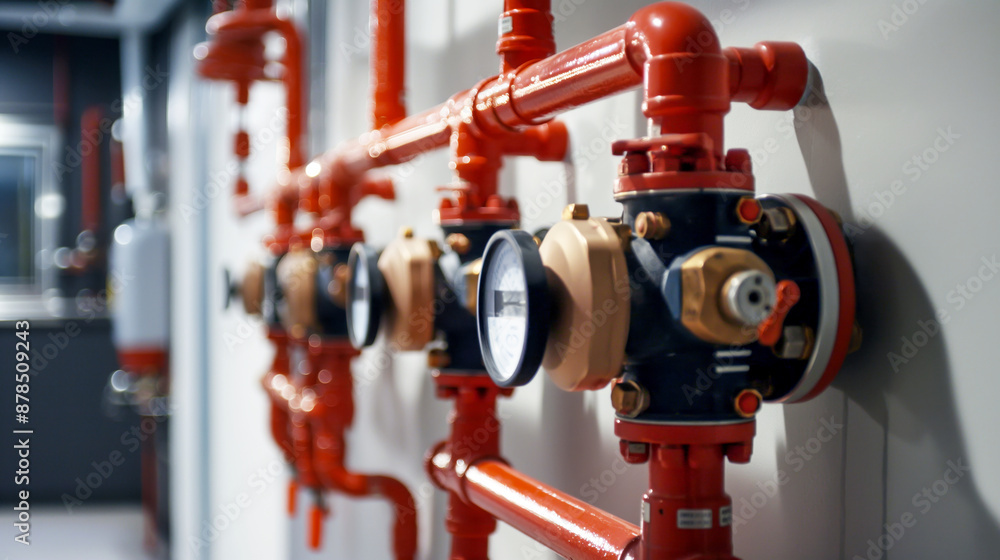 Detailed view of red industrial pipes and valves with pressure gauges on a wall Detailed view of red industrial pipes and valves with pressure gauges on a wall