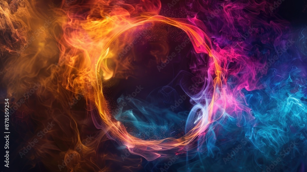 Smoke ring in vivid colors swirls into mystical portal with fiery blast and radiant aura on dark abstract backdrop Smoke ring in vivid colors swirls into mystical portal with fiery blast and radiant aura on dark abstract backdrop